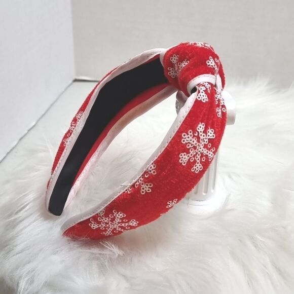 RED VELVET & WHITE SEQUIN SNOWFLAKE HOLIDAY HEADBAND - Picture 3 of 5